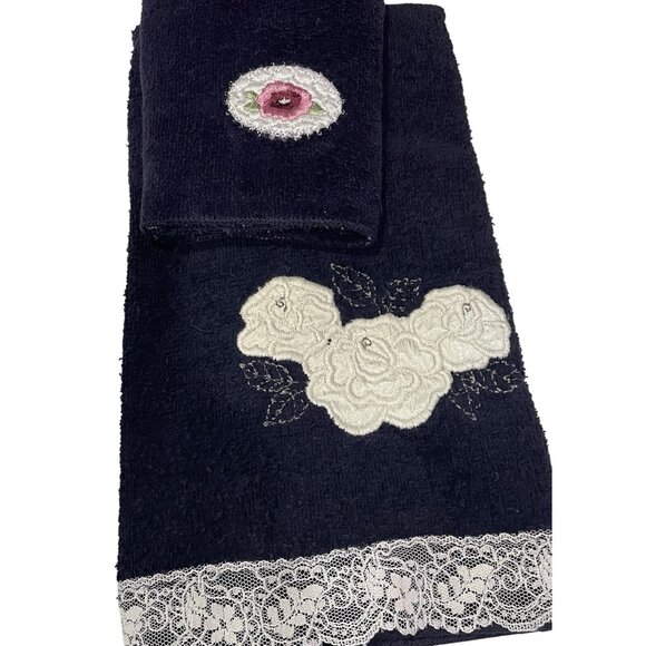 Vintage 90s Bath Towel Set Black Floral Lace Hand Fingertip Washcloth 80s USA - Picture 4 of 7